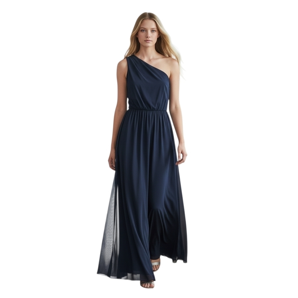 Trina Turk Elegant Black One-Shoulder Silk Chiffon Evening Long Dress Size 0